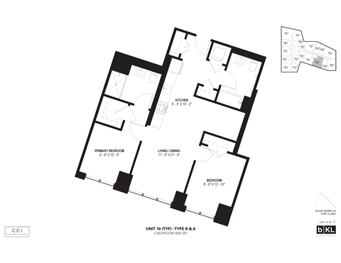 Floor plan for 2 beds, 2 baths, 934 sqft